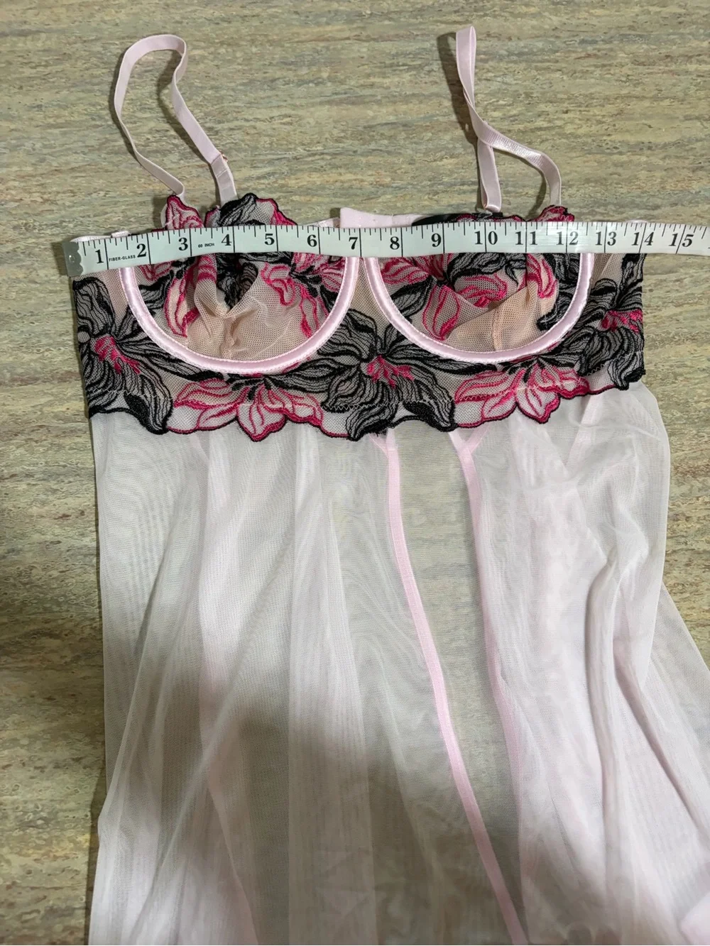 NWOT Oh La La Cheri Paris Pink Floral Embroidered Sheer Babydoll & Panty Set